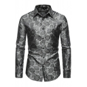 Chic Mens Shirt Jacquard Print Long Sleeve Button Closure Turn-down Collar Regular Fitted Shirt