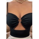 Hot Womens Cami Spaghetti Straps Hollow Decorated Cropped Cami Top in Black