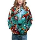 Trendy Womens Hoodie Drawstring 3D Pattern Long Sleeve Regular Fit Hooded Sweatshirt in Green