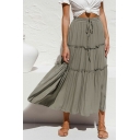 Simple Womens Skirt Plain Drawstring Waist Maxi Ruffle Skirt