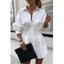 Trendy Ladies Dress Solid Color Spread Collar Button Down Long Sleeve Mini A-Line Shirt Dress