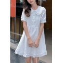 Leisure Girls Smock Dress Peter Pan Collar Solid Color Button Detail Short Sleeve Mini Dress with Ruffles