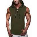 Chic Tank Top Whole Colored Hooded Lace-up Designed Sleeveless Slim Fitted Vest for Boys
