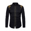 Chic Mens Shirt Tribal Embroidered Pattern Long Sleeve Button Closure Stand Collar Regular Fitted Shirt