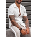 Casual Mens Shirt Plain Button Closure Lapel Collar Short Sleeve Regular Fitted Shirt in White