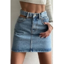 Stylish Womens A-Line Skirt Hollow Out Zip Fly Mini Denim Skirt with Washing Effect