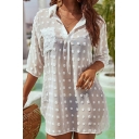 Stylish Ladies Dress Knit Dot Spread Collar Half Sleeve Split Hem Mini Sheer Shirt Dress
