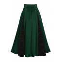 Vintage A-Line Skirt Contrast Panel Skull Print Lace-Up Detail High Waist Flared Maxi Skirt for Women