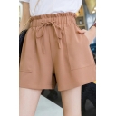 Basic High Rise Shorts Pure Color Ruffle Drawstring Waist Loose Fit Shorts for Women