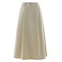 Retro Womens Skirt Plain Color Zip Fly Mid Rise Sashes Midi Flare Skirt