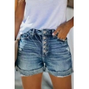 Classic Womens Shorts Ripped Patched Pockets Zip Fly Rolled Cuffs Mid Waist Slim Fit Washed-Denim Shorts