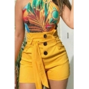 Fashionable Ladies Shorts Solid Color High Rise Button Fly Belted Relaxed Fitted Tailored Shorts