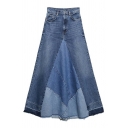 Street Look Girls Skirt Color Block Zip Fly High Waist Maxi Flared Denim Skirt