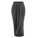 Simple Womens Skirt Solid Elastic Waist High Rise Ruched Split Front Midi Wrap Skirt