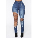 Chic Ladies Jeans Indigo Zip Fly High Waist Cut-Outs Chains Detail Skinny Pants