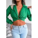 Hot Chiffon Crop Shirt Notched Lapel Collar Plain Long Sleeve Slim Fit Knotted Shirt for Women