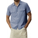 Simple Mens Shirt Plain Short Sleeve Spread Collar Regular Fit Button Shirt