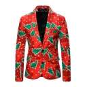 Men Casual Suit Jacket Christmas Tree Pattern Lapel Collar Single Detail Suit Jacket in Red