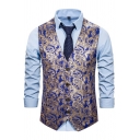 Guys Dashing Suit Vest Tribal Pattern Sleeveless Slim Fitted V Neck Button Down Suit Vest