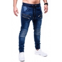 Elegant Jeans Contrast Color Distressed Mid Rise Slim Full Length Drawstring Jeans for Men