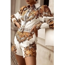Vintage Womens Rompers Paisley Pattern Spread Collar Button Down Long Puff Sleeve Relaxed Rompers