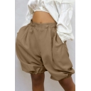 Casual Girls Shorts Plain Color Elastic Waist Puff Elastic Cuffs Oversized Shorts