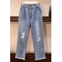 Street Look Girls Jeans Midwash Blue Zip Fly High Rise Cut-Outs Fringe Straight Denim Pants