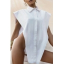 Creative Solid Color Shirt Lapel Collar Button Down Asymmetric Hem Cap Sleeve for Women