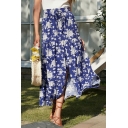 Stylish Womens Skirt Floral Printed Bow Elastic Waist Ruffle Maxi Flared Skirt