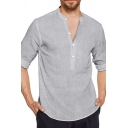 Simple Mens Shirt Plain Long Sleeve Button Closure Collarless Regular Fitted Shirt