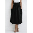 Modern Ladies Skirt Plain Elastic Waist Side Pockets Tie Back Midi Skirt