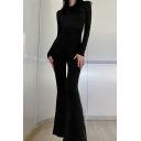 Sexy Womens Jumpsuits Solid Color Round Neck Long Sleeve Backless Bootcut Jumpsuits