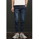 Men Modern Jeans Plain Distressed Full Length Mid Rise Regular Ankle Tied Drawstring Jeans