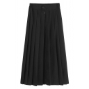 Chic Girls Skirt Solid Color Zip Fly High Rise Maxi Pleated Skirt
