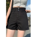 Classic Womens High Waist Shorts Solid Color Zip Fly Rolled Cuffs Slim Fitted Denim Shorts
