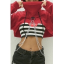 Sexy Womens Cropped Hoodie Drawstring Solid Color Long-Sleeved Hoodie with Chain Decoration