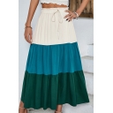 Leisure Ladies Skirt Color Block Drawstring Waist Maxi Ruffle Skirt