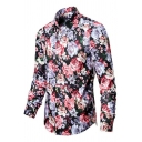 Boy's Urban Shirt Floral Pattern Turn-down Collar Long-Sleeved Fitted Button Fly Shirt