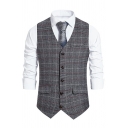 Modern Suit Vest Plaid Print V-Neck Flap Pocket Skinny Button Fly Suit Vest for Men