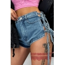 Sexy Womens Shorts Lace Up Side Faded Wash Zipper Fly High Rise Slim Fitted Denim Shorts
