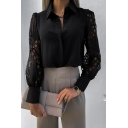 Elegant Ladies Shirt Solid Spread Collar Button Downs Lace Long Sleeve Hollow Straight Shirt