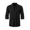 Retro Mens Shirt Plain Long Sleeve Lace up Stand Collar Regular Fit Shirt