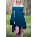 Vintage Womens Asymmetrical Dress Plain Hollow Out Flared Sleeve Off the Shoulder Slim Fit Mini Dress