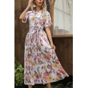 Countryside Ladies A-Line Dress Flower Print Crew Neck Lace Up Short Sleeve Pleated Midi Dress