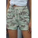 Casual Womens Shorts High Rise Drawstring Waist Camo Print Pocket Detail Regular Fit Shorts