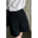Simple Ladies Plain Shorts Pockets Zipper Fly Regular Fitted Wide Leg Shorts