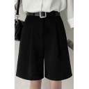 Basic Tailored Shorts Solid Color Zip Down Straight Relaxed Fit Shorts for Women