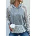 Unique Womens Hoodie Lace Patchwork Drawstring Long Sleeve Kangaroo Pocket Relaxed Hoodie