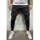 Street Look Boys Jeans Pure Color Mid Rise Slim Full Length Broken Hole Zip Placket Jeans