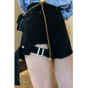 Chic Ladies Shorts Plain Zip Fly Belted High Waist Straight Denim Shorts
